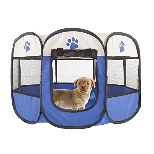 Pop-Up Pet Playpen - 26-Inch Indoor and Outdoor Dog Kennel with Carrying Bag - Portable Pet Enclosure for Dogs and Small Animals by PETMAKER (Blue)