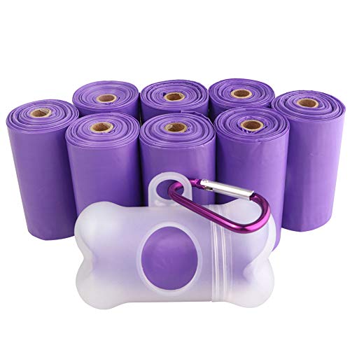 POQOD Dog Poop Bags - Leak-Proof Dog Waste Bags, Clean up Pet Poo Bag Refills 9 Rolls /135 Count, (Purple) Includes Free Bone Dispenser and D-Ring Carabiners Clip