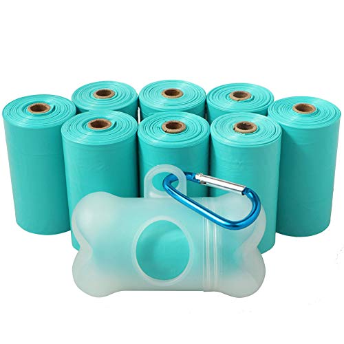 POQOD Dog Poop Bags - Leak-Proof Dog Waste Bags, Clean up Pet Poo Bag Refills 9 Rolls /135 Count, (Greenish-Blue) Includes Free Bone Dispenser and D-Ring Carabiners Clip