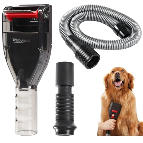 Portek Dog Brush Vacuum Attachment for Most Vacuum Brands, Pet Hair Shedding Grooming Tool Kit as Cat Dog Undercoat Removal, Deshedding Groomer with Extension Hose & Universal Adapters