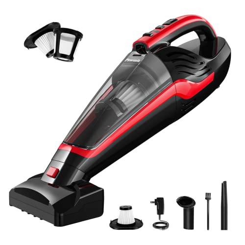 Powools Pet Hair Handheld Vacuum - Car Vacuum Cordless Rechargeable, Well-Equipped Hand Vacuum for Carpet, Couch, Stairs, Powerful Handheld Vacuum Cordless w/Motorized Brush, Red (PL8726)