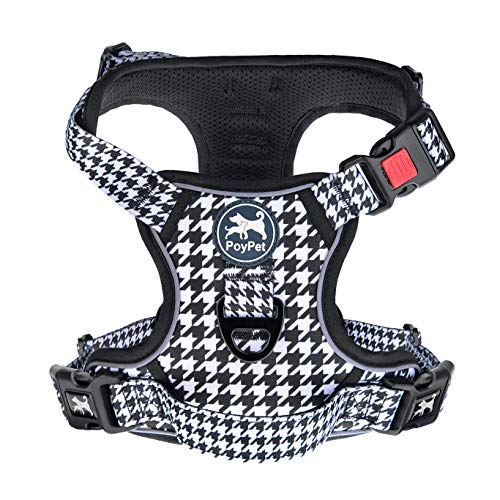 PoyPet No Pull Dog Harness, [Release on Neck] Reflective Adjustable No Choke Pet Vest with Front & Back 2 Leash Attachments, Soft Control Training Handle for Small Medium Large Dogs(Houndstooth,S)