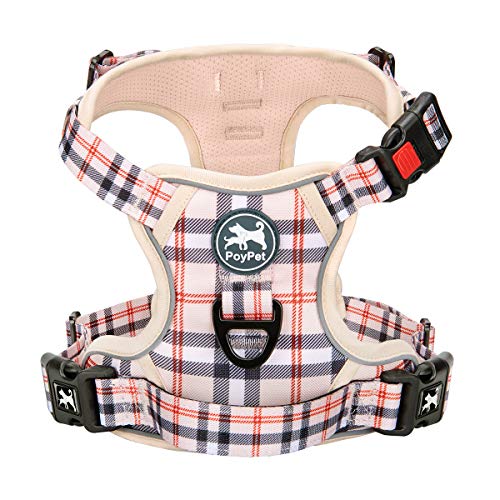 PoyPet Plaid Dog Harness, No Pull Front Clip Pet Vest Harness, Soft Padded Reflective Adjustable Walking Harness with Handle for Large Medium Small Dogs(Checkered Beige,L)