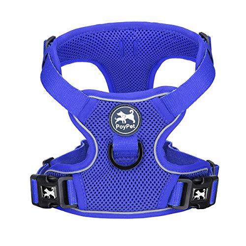 PoyPet Reflective Soft Breathable Mesh Dog Harness Choke-Free Double Padded Vest with Adjustable Neck and Chest(Royal Blue,M)