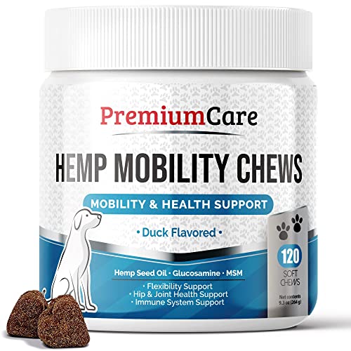 PREMIUM CARE Glucosamine Chews for Dogs with Hemp - Hip and Joint Health Supplement for Mobility Support - Dog Glucosamine Chews with Hemp for Dogs- 120 Hemp Treats