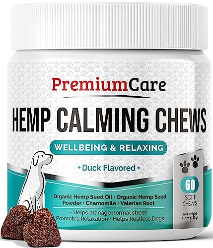 PREMIUM CARE Hemp Calming Chews for Dogs, Made in USA - Helps with Dog Anxiety, Separation, Barking, Stress Relief, Thunderstorms and More, 4.7oz (132g), 60 Count