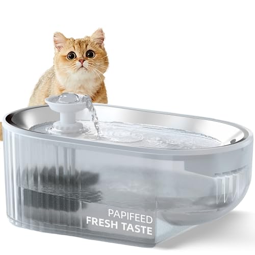 Premium Cat Water Fountain - 304 Stainless Steel Tray, Ultra-Quiet 5V Pump, Emergency Water Storage, 360 Degree Transparent Water Tank with Water Level Indicator, 84oz/2.5L, LED Light