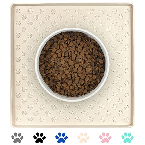 Ptlom Pet Placemat for Dog and Cat, Waterproof Non-Slip Silicone Feeding Bowl Mat Prevent Food and Water Overflow, Puppy Dish Feeder Fountain Trays Suitable for Medium and Small Pets, Beige