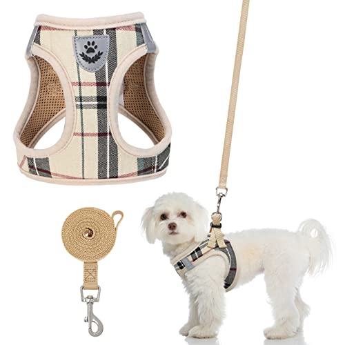 PUPTECK Dog Harness and Leash Set for Small Dogs No Pull Step-in Soft Mesh Puppy Cat Vest Harnesses Reflective at Night, Beige Plaid S