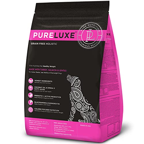 PURELUXE Grain and Gluten Free Dog Food, Healthy Weight Elite Nutrition, Turkey, Salmon and Lentils, for Indoor Senior, Less Active or Overweight Dogs at All Life Stages, Made in The USA, 4lbs