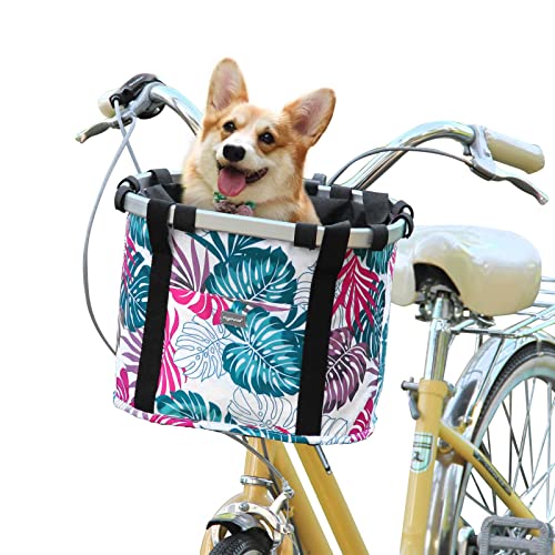 RAYMACE Bicycle Basket Dog Bike Handlebar Basket Front,Folding Detachable Quick Release Easy Install,Cycling Picnic Bag (Pink Palm Leaf)