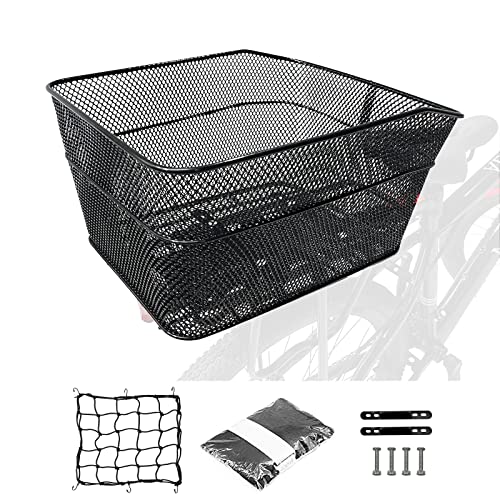 Rear Bike Basket for Adult Bikes | Waterproof, Metal Wire Bicycle Basket | Adjustable Cargo Net | Rainproof Cover | Universal Fit for Most Rear Bike Racks | Ideal Dog Bike Carrier (Bike Basket A)