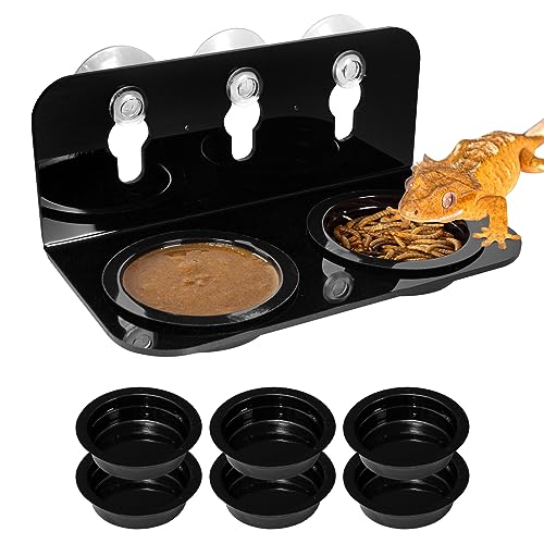 REPTI ZOO Reptile Gecko Feeder Ledge,2 in 1 Reptile Food Water Feeding Dish,Reptile Suction Cup Feeder with 6xBowls &3xSucker&2xScrews