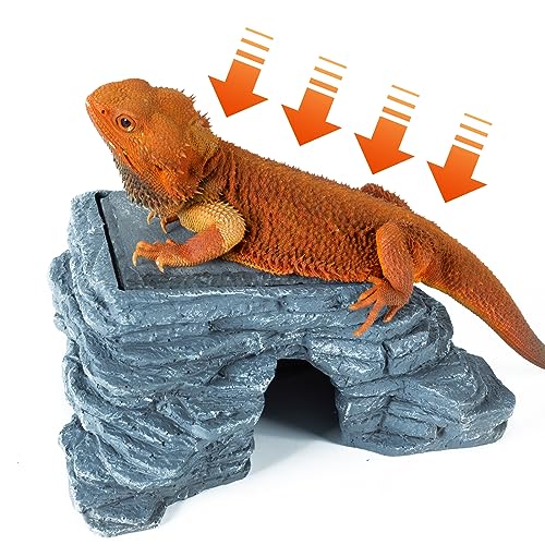 REPTI ZOO Reptile Hide Cave with Slate Stone, Large Reptile Hideout with Heat Storage Basking Platform, Terrarium Climbing Rock Shale for Lizard, Gecko, Iguanas, Turtle (10x4.3x6 inch)