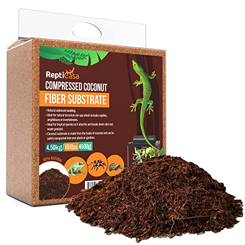 ReptiCasa Compressed Coconut Fiber Substrate, 10 lb. Block, Natural Husk Terrarium Bedding, Reptiles, Frogs, Snakes, or Tortoise, Odor and Waste Absorbent Compostable, Organic with High Expansion