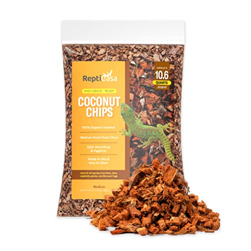 ReptiCasa Organic Coconut Chips Substrate Clean & Ready to Use for Reptiles, Snake, Tortoise, and Amphibian, Natural Fiber Free Husks, Clean Breeding and Bedding Flooring, Odor Absorbing - 10.6 Quarts