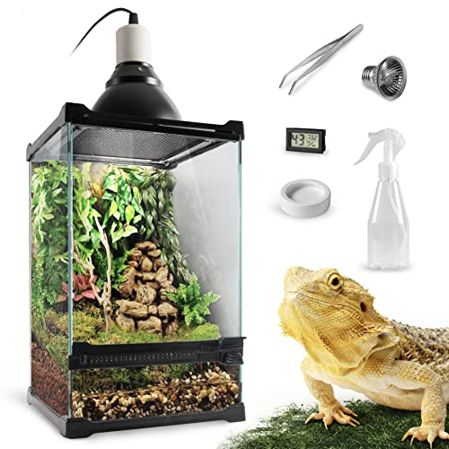 Reptile Tall Glass Terrarium, Vertical Tank Starter Kit, 8x8x12in Mini Front Open Door Cage, Full View Screen Habitat Ventilation Enclosure for Small Chameleon Snake Lizard Amphibians Geckos Frogs