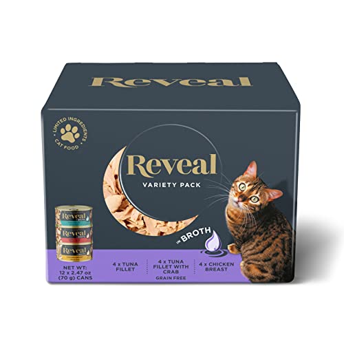 Reveal Natural Wet Cat Food, 12 Pack, Limited Ingredient Canned Wet Cat Food, Grain Free Food for Cats, Variety Fish and Chicken Flavors in Broth, 2.47oz Cans