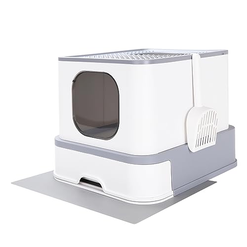 RIZZARI Millions Sold Wordwide Cat Litter Box, Large Top Entry Anti-Splashing Litter Box with Lid, Enclosed Plastic Cat Litter Box with Handy Litter Scoop, Drawer Type Cat Toilet (New,Light Gray)