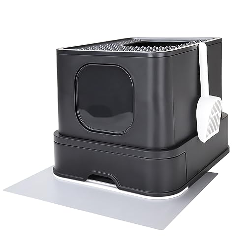 RIZZARI Millions Sold Wordwide Cat Litter Box with Lid, Handy Litter Scoop, Large Top Entry Anti-Splashing, Plastic, Drawer Type Cat Toilet Easy Cleaning (All Black)