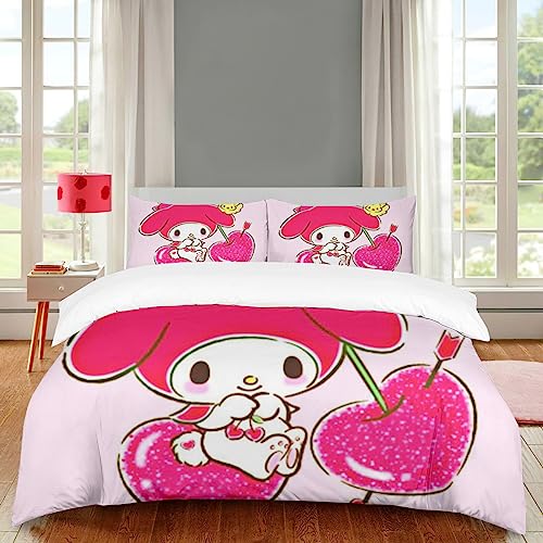 RODES My Bunny Melody Bedding Sets Anime Room Decor Kawaii Bunny Cherry Comforter for Boys Girls Kids My Bunny Melody 3 Piece Twin Size Bed Set-Includes 1 Duvet Cover & 2 Pillowcases(No Comforter)