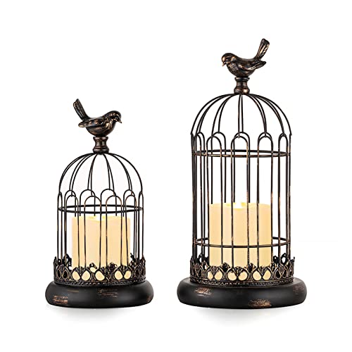 Romadedi Bird Cage Decor Lanterns Decorative, Set of 2 Birdcage Candle Holders for Pillar Candles, Vintage Shabby Chic Home Decorations for Table Centerpiece, Party, Wedding, Festive, Black