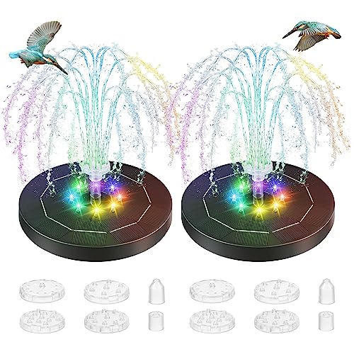 Saillong 2 Pack 5W Solar Bird Bath Fountain Pump with Colorful LED Lights, Battery and Solar Powered Bird Bath Water Fountains with 6 Nozzles, Floating Solar Fountain Pump for Bird Bath Garden, Pond