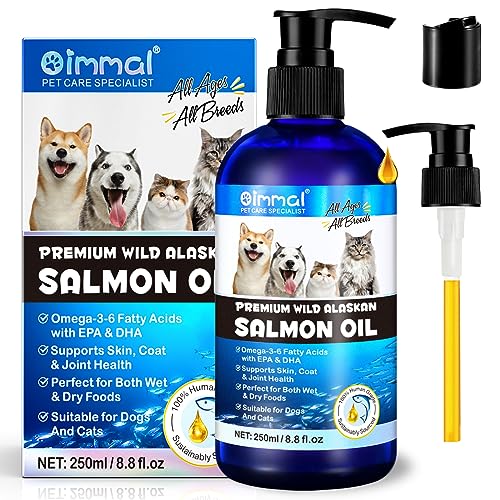 Salmon Oil for Dogs & Cats, Omega 3 Fish Oil for Dog's Skin and Coat, Natural EPA + DHA Fatty Acids for Joint Function, Immune & Heart Health, Wild Alaskan Salmon Oil 250ml for All Ages & All Breeds.