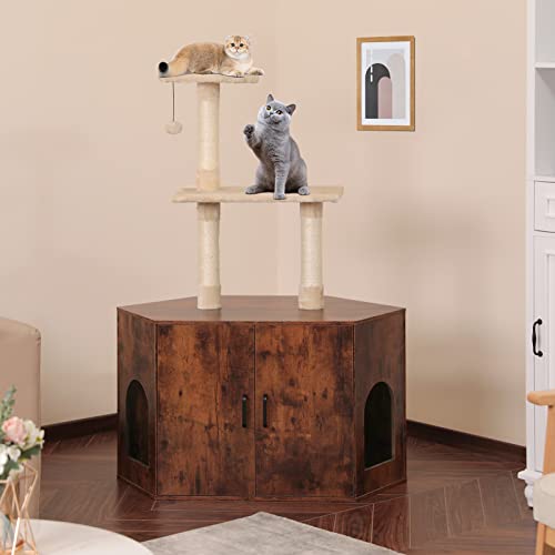 Scurrty Cat Litter Box Furniture Enclosure Hidden with Corner Cat Tree Combo, Cat Tower Corner Cat Litter Box, Self Cleaning Furniture Litter Box Kitty Litter Box (Rustic Brown)