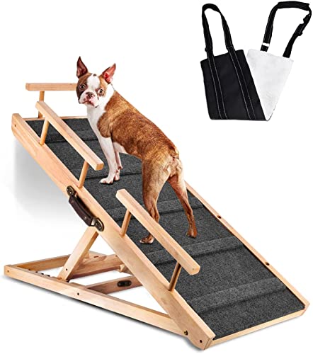 Seeutek Dog Ramp Wooden Folding Pet Cat Ramp with Non-Slip Mat, 40" Long and 6 Levels Adjustable from 11" to 24", Up to 200 Lbs, with Dog Sling and Safety Side Rails, for Small and Older Animals