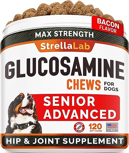 Senior Advanced Glucosamine Joint Supplement for Dogs - Hip & Joint Pain Relief - Small + Large Breeds -Omega-3 Fish Oil - Chondroitin, MSM- Mobility Soft Chews for Older Dogs - Bacon Flavor - 120Ct