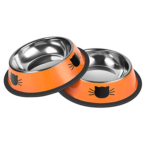 Serentive 2Pcs Cat Bowls Non-Slip Stainless Steel Cat Food Bowls Unbreakable Thicken Cat Food Dishes 7 Oz Cat Water Bowl Suitable for Indoor Pets Removable Rubber Base Easily Clean Lovely Color