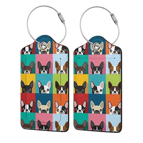 Set of 2 Luggage Tags for Suitcases with Privacy Name Id Card Stainless Steel Loop Pu Leather Luggage Tag Travel Bag Tags Luggage Identifiers for Women Men Travel-Cute Fun Boston Terrier Dog