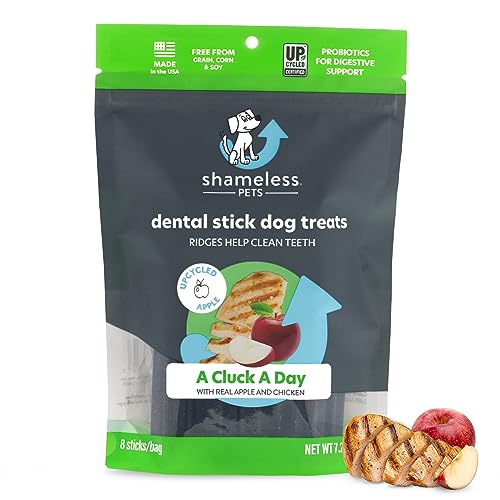 Shameless Pets Dental Treats for Dogs, A Cluck A Day - Healthy Dental Sticks with Digestive Support for Teeth Cleaning & Fresh Breath - Dog Bones Dental Chews Free from Grain, Corn & Soy