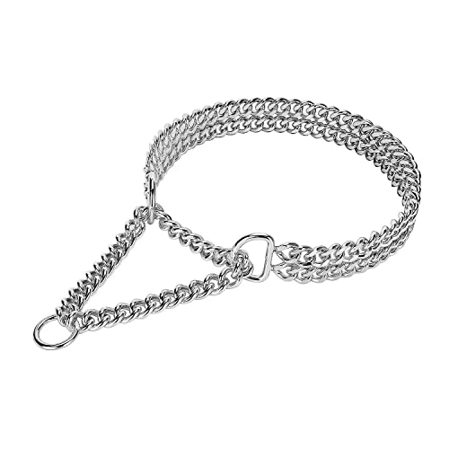 Silver Dog Chain Collar Stainless Steel Silver Dog Collar Adjustable Walking, Metal Cuban Link Dog Collar Chew Proof Double Row Chain Dog Collar for Large Small Medium Dogs