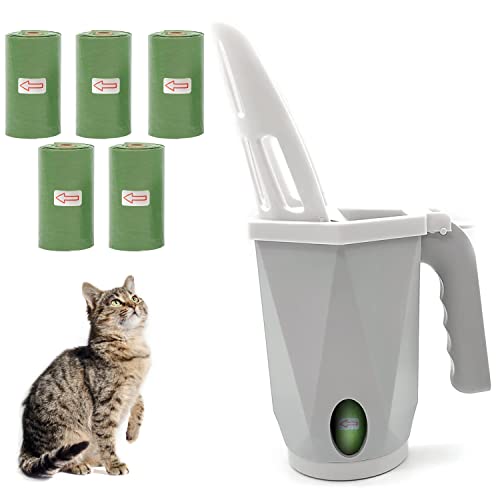 SimpliLyfe Cat Litter Scooper with Bag - Integrated Litter Box Scooper with Removable Deep Shovel, Large Capacity Waste Container, Built-in Bag Holder - Durable & Easy to Clean (100 Bags Included)