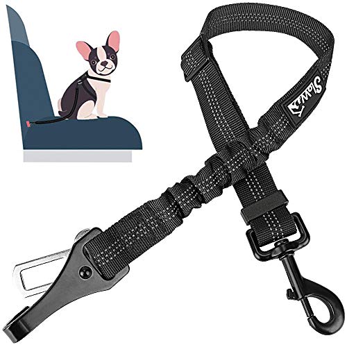 SlowTon Dog Seat Belt, Adjustable Dog Safety Belt Leash, 2 in 1 Latch Bar Attachment Dog Car Seatbelt with Elastic Nylon Bungee Buffer, Reflective Nylon Belt Tether Connect to Dog Harness (Black)