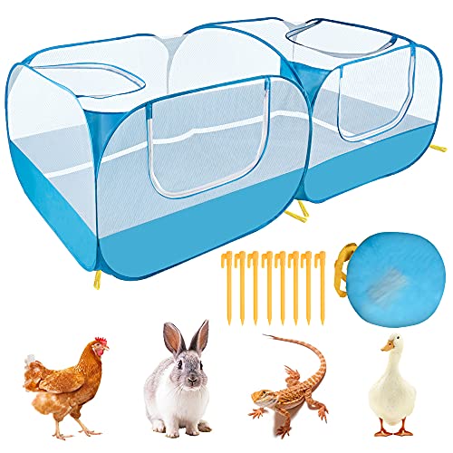 SlowTon Small Animals Playpen, Portable Large Chicken Run Coop with Detachable Bottom Breathable Transparent Mesh Walls, Foldable Pet Enclosure for Puppy Kitten Rabbits Indoor Outdoor