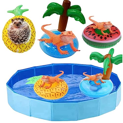 Small Animal Swimming Pool with Inflatable Float Set - Foldable Collapsible Bathing Cooling Pool Bath Tub Reptile Collar Ring for Lizard Amphibians Grooming Health Supplie (50x8cm(19.7''x3.2''))