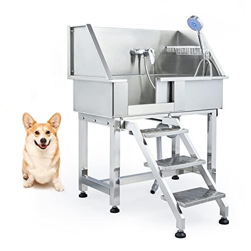 SNUGENS 34" Pet Dog Bathing Grooming Station for Home, Professional Stainless Steel Dog Washing Station, Dog Shower Bathtub for Large & Medium Dogs, with Non-Slip Stairs & Sprayer 175 lb. Capacity