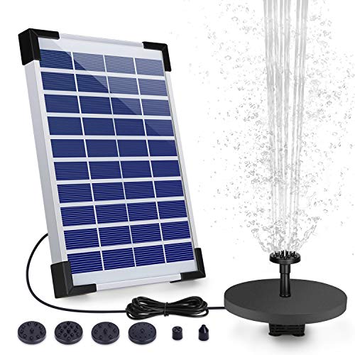Solar Fountain Pump, 5.5 W Solar Garden Fountain, Built-in Battery, Flow Rate 500 L/H, with 6 Nozzles and Floating Board for Small Pond, Bird Bath, Fish Tank and Garden Decoration