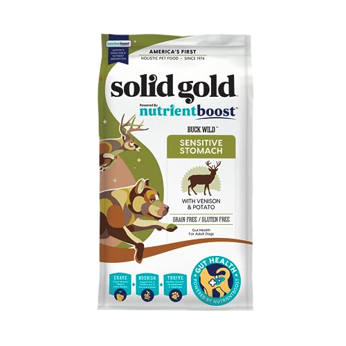 Solid Gold Dry Dog Food for Adult & Senior Dogs - Made w/Real Venison, Potato, & Pumpkin - Nutrientboost Buck Wild Sensitive Stomach Dog Food for Protein Sensitivities & Gut Health - 3.75 LB