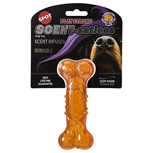 SPOT Ethical Products Play Strong Scent-Sation Bone 5" / Indestructible Interactive Dog Chew Toys for Aggressive Chewers/Peanut Butter Flavor, Brown