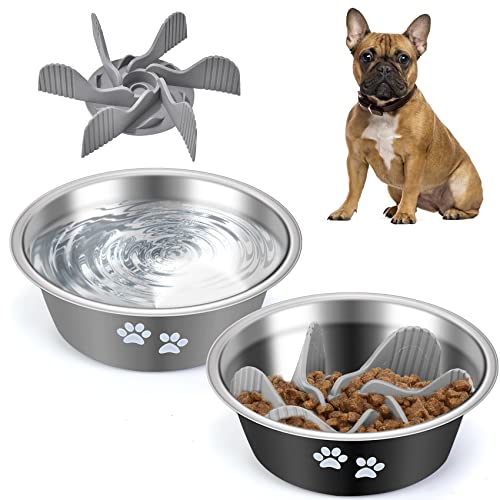 Stainless Steel Dog Bowls Medium Sized Dog, Set of 2 53oz/6.6 Cups Non Slip Metal Dog Food Water Bowls with Slow Feeder Insert, Medium Large Pet Bowls, Dishwasher Safe Rubber Bottom Cat Feeding Dishes