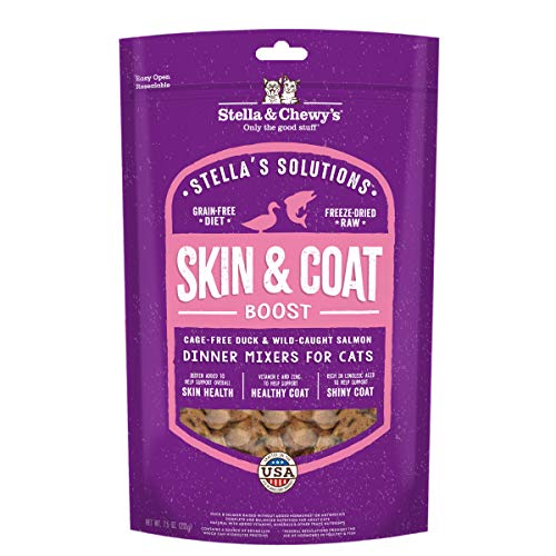 Stella & Chewy's – Stella’s Solutions Skin & Coat Boost – Cage-Free Duck & Wild-Caught Salmon Dinner Mixer – Freeze-Dried Raw, Protein Rich, Grain Free Cat Food – 7.5 oz Bag