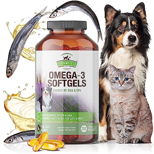 Strawfield Pets' Omega 3 Fish Oil for Dogs Dog Fish Oil Pet Supplement for Joint Support & Pain Relief Allergy Itch Shedding Healthy Coat Dry Itchy Skin Hot Spots USA 1000 mg EPA DHA 250 Softgel Pills