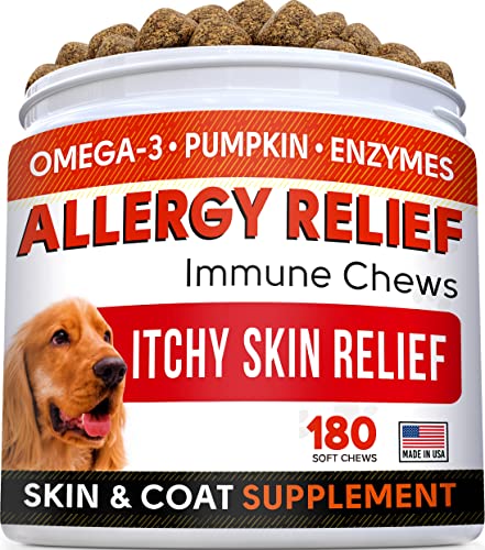 STRELLALAB Dog Allergy Relief (180 Chews) - Dog Itchy Skin Treatment + Omega 3 & Pumpkin, Dog Allergy Chews & Anti Itch Support Supplement, Dogs Itching & Licking Treats, Dog Itch Relief Chew