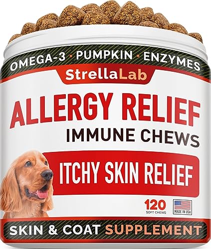 STRELLALAB Dog Allergy Relief — Dog Itchy Skin Treatment with Omega 3 & Pumpkin, Dogs Itching and Licking Treats, Dog Itch Relief Chew, Allergy Supplements, Hotspot Relief for Dogs, Anti Itch Support