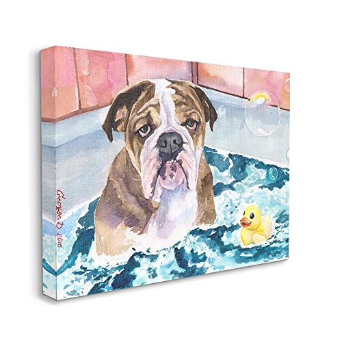 Stupell Industries English Bulldog in Bathtub Rubber Duck Bubbles, Design by George Dyachenko Canvas Wall Art, 24 x 30, Blue