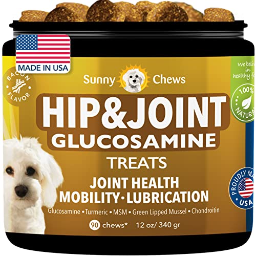SUNNYCHEWS Hip and Joint Chews for Dogs| Help Relieve Pain, Alleviate Joint Stiffness, with MSM Glucosamine Chondroitin for Dogs| Dog Joint Supplement with Bacon| Mobility Bites for Dogs, 90Chews 12oz